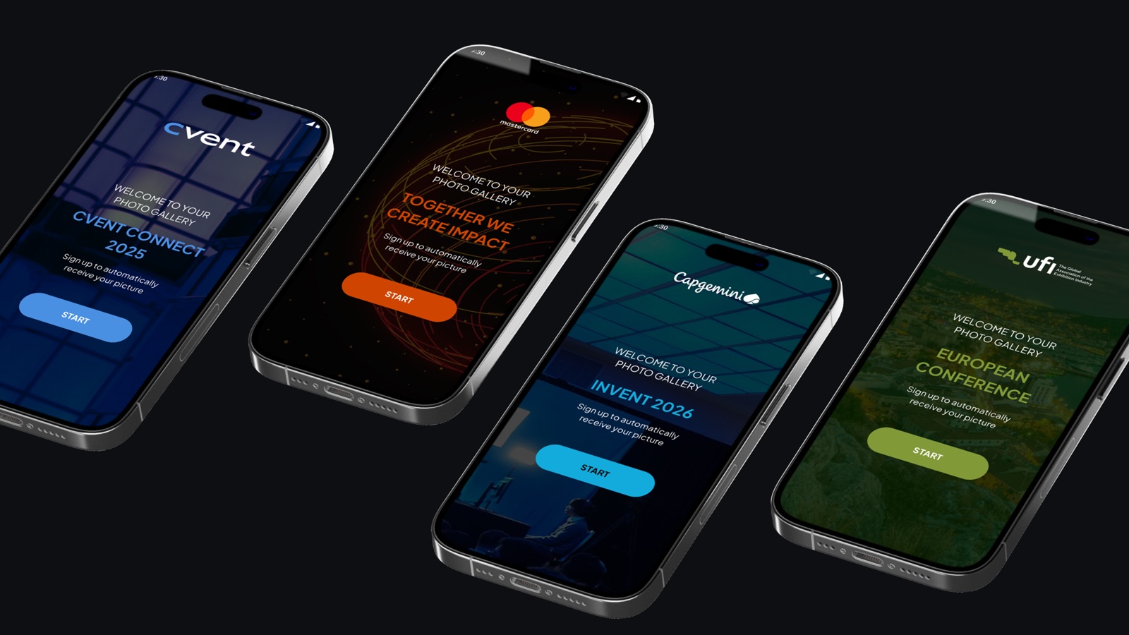 Four event apps with custom branding — Cvent, Mastercard, Capgemini, UFI